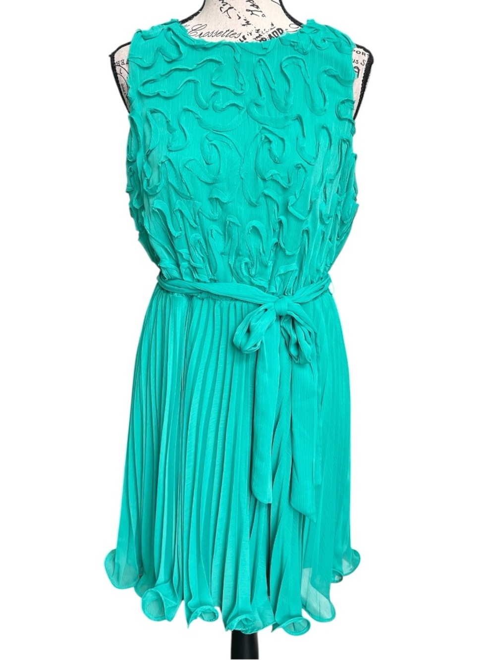 Taylor Teal Sleeveless Ruffle & Pleated Tie-Waist Dress
